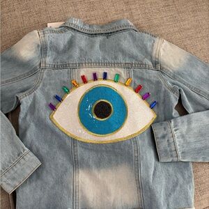 Lola + The Boys Blue Denim Jacket with Colorful Eye Design